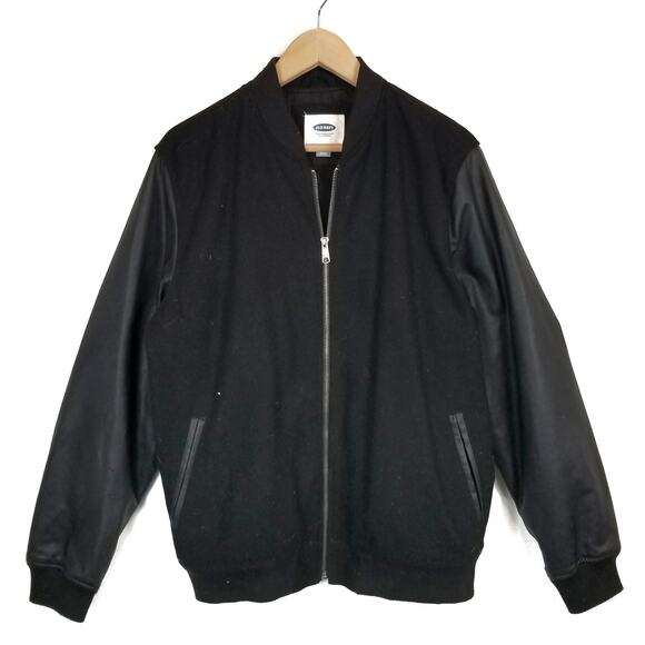 Old Navy Men's Black Wool Blend Zip Front Letterman Varsity Jacket Size Large - Picture 2 of 6